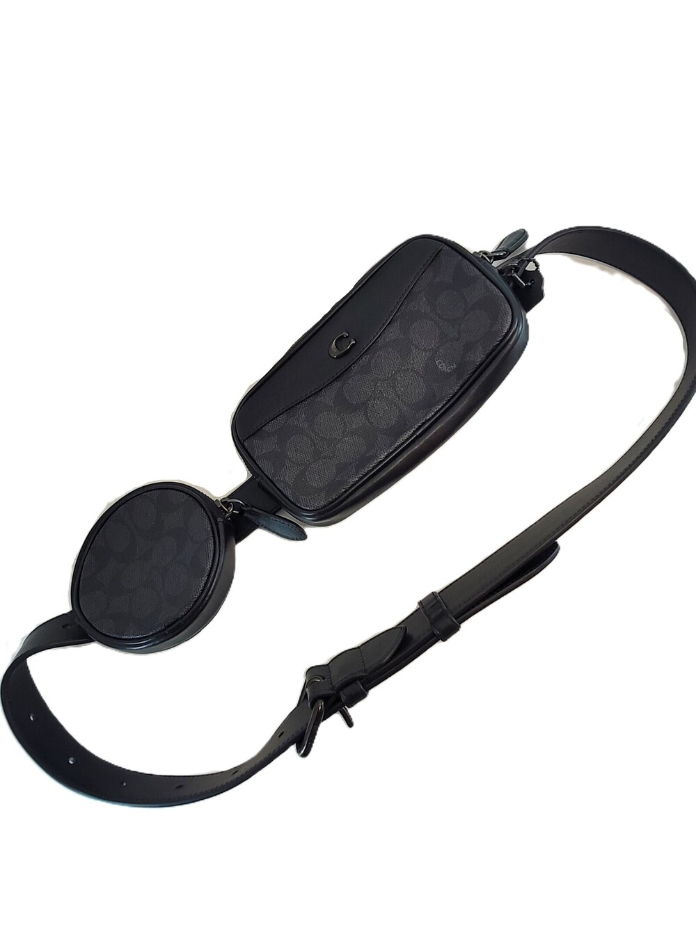 Coach Signature Charter Belt Bag Fanny Pack Set Black Charcoal 2 Pouch Leather